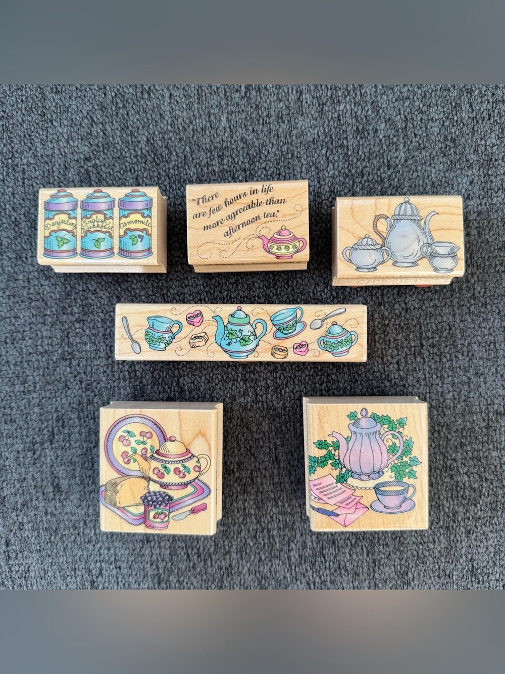 Hero Arts Afternoon Tea Time Wooden Rubber Stamps Set 6PC Teapots Canisters NEW